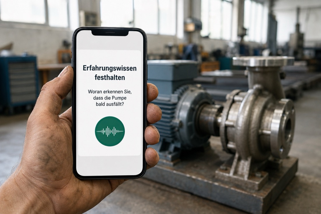 Eine Hand hält ein Handy vor eine Pumpe in der Werkhalle, die App stellt die Nachfrage zur Pumpe